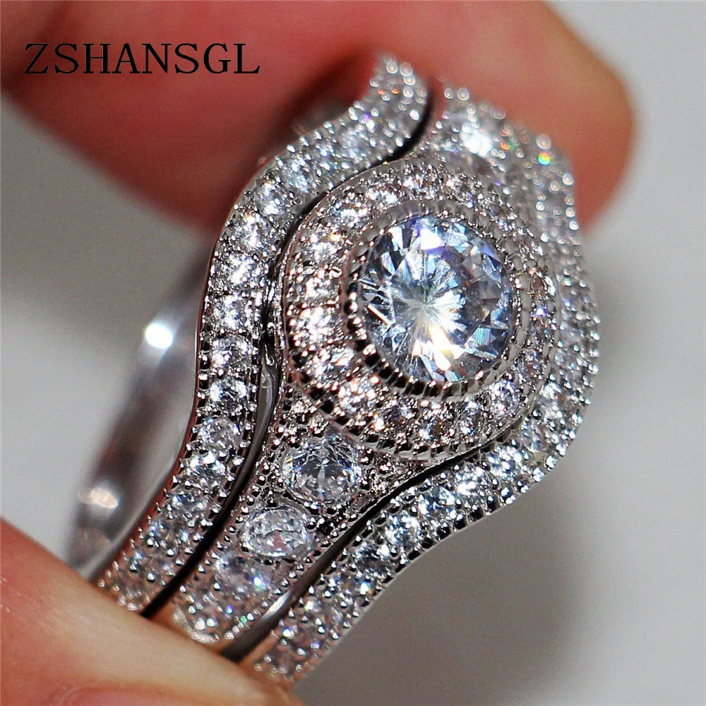 

Vintage ring Pave setting 5A zircon Cz 925 Sterling Sliver Engagement Wedding Band Rings set For Women Bridal bijoux