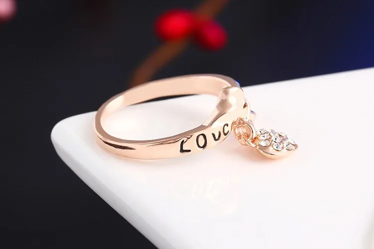 17KM Romantic Gift Retro Love Heart Bow Rings Rose Gold Color wedding Austrian Crystal Element Rings Word Ring For Women 6