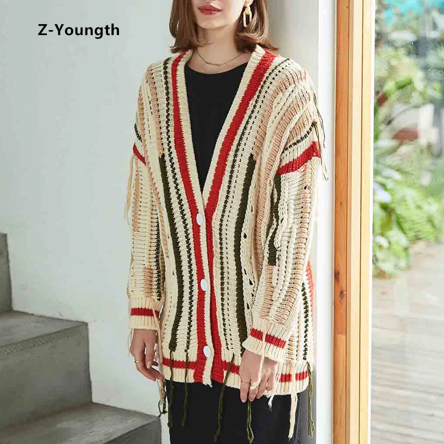 2018 Lazy Style Striped Fall Sweaters Women Hit Color Hollow Out Tassel V-neck Single Breasted Winter Cardigans Knit Sweater |