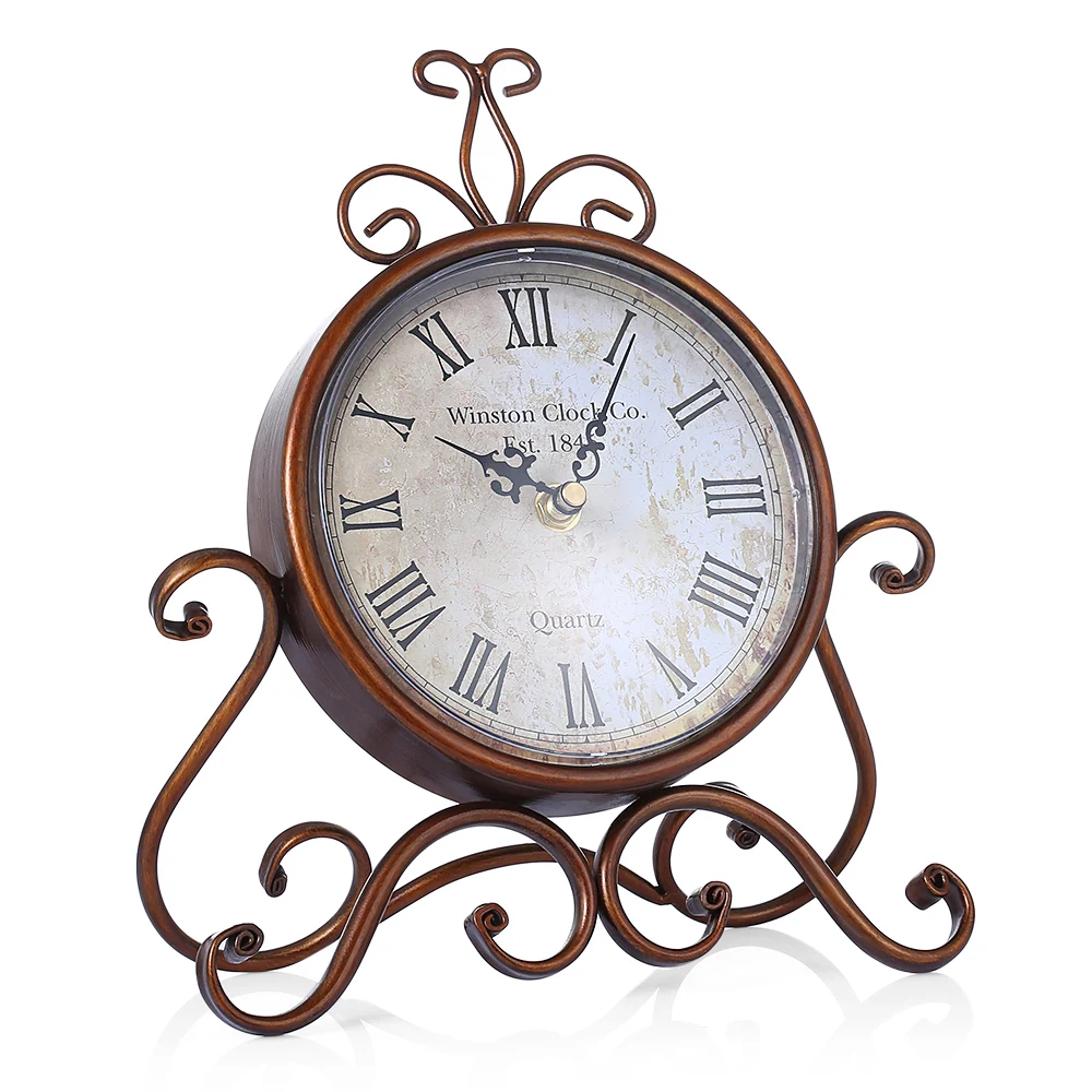 

European Style Retro Wrought Iron Craft Table Clock Home Decoration Bronze Gold Mute Table Clock Handicraft Vintage Desk Clock