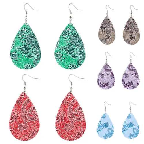 

Women Creative Drop-shaped Stainless Steel Leather Dangle Earrings Fashion Floral Print Multi-color Drop Earrings