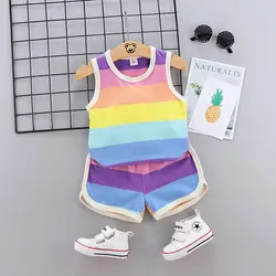 Детский жилет, комплект одежды 2019 года, новый летний детский хлопковый жилет в радужную полоску + шорты, костюм для отдыха из двух предметов