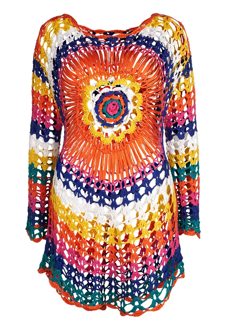 Разноцветное вязаное платье ручной работы в стиле бохо, сексуальное прозрачное мини пляжное платье, купальник, Женская туника, Пляжная накидка, N498