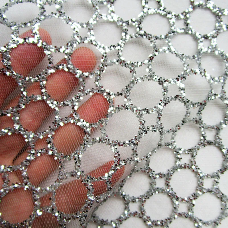 4yards circles silver print glitter net fabric french glue sequin tulle