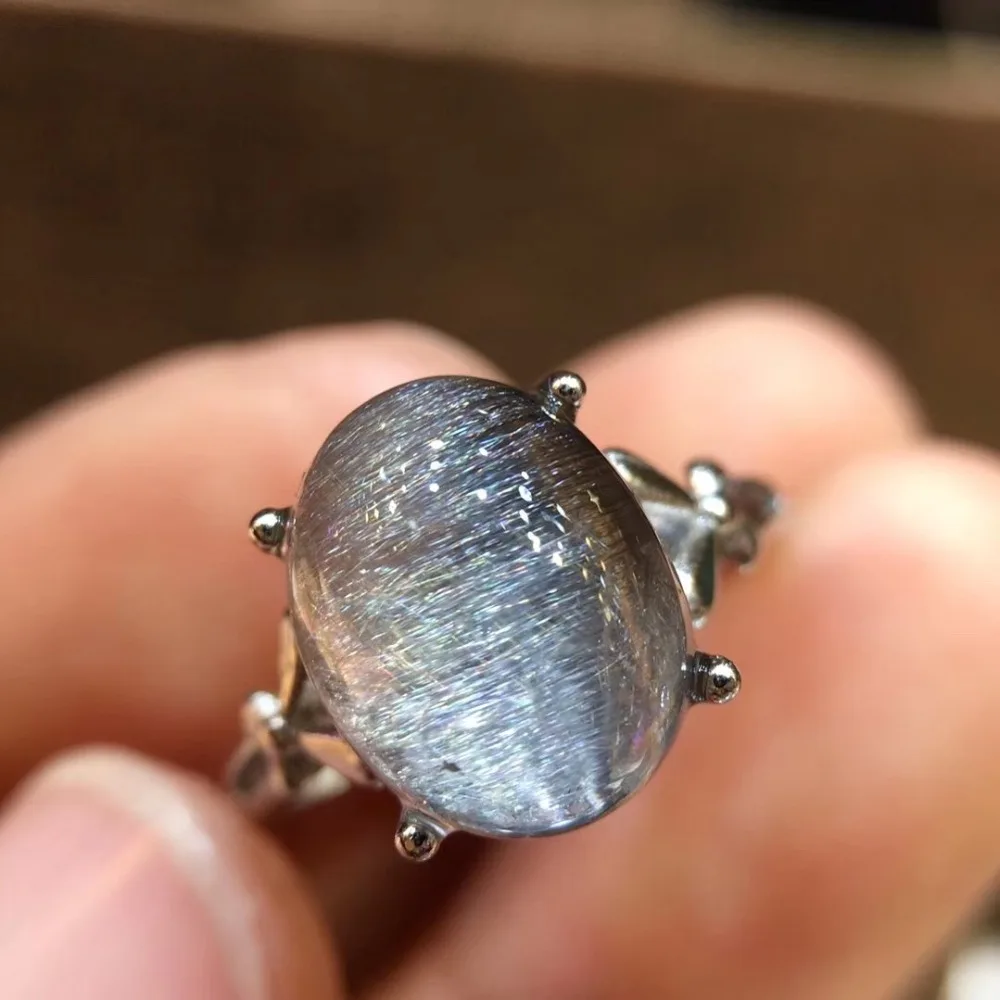

11.4x9.1mm Natural Brookite Platinum Silver Rutilated Quartz Ring 925 Silver Metal Woman Man Crystal Adjustable Size Ring AAAAA