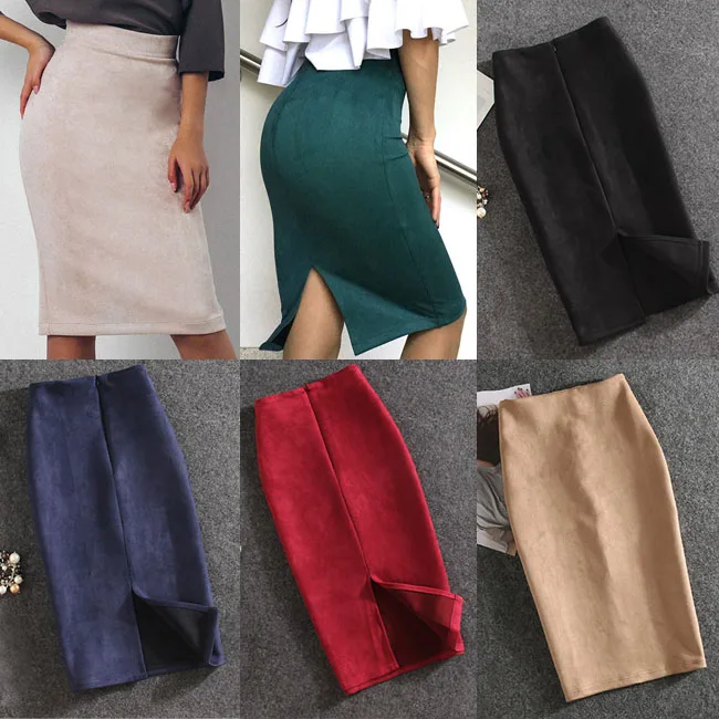 

10 Colors Women Skirts Plus Size Knee-Length Pencil Skirt Female Vintage Suede Split Skirts Jupe Femme Faldas Mujer
