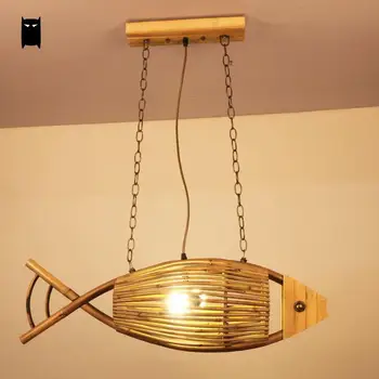 

Handmade Craft Bamboo Fish Shade Pendant Light Fixture Vintage Industrial Retro Rural Style Hanging Lamp Restaurant Cafe Bar
