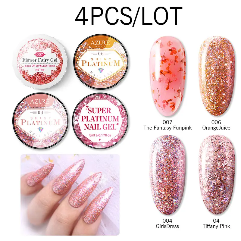 Azure Beauty 4Pcs/Lot Pink Color Glitter Platinum UV Nail Gel Polish Set Semi Permanent Sequins Lacquer | Красота и здоровье