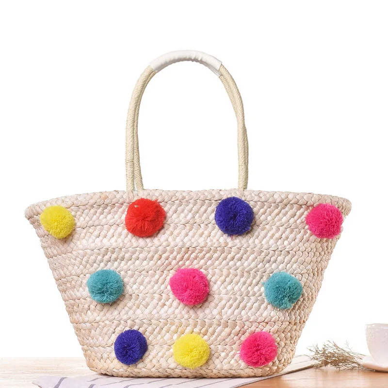 Colorful Wool Ball Design Summer Beach Bag Handmade Woven Straw Colorful Wool Ball Design Summer Beach Bag Handmade Woven Straw Handbags For Women Large Shoulder Bags Ping Tote C35 In From Luggage