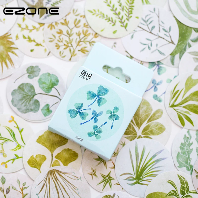 

EZONE 50 PCS Green Plant Sticker Round Sealing Sticker Design Of Clover/Ginkgo Biloba/Lotus Leaf Shape For Decoration DIY Supply