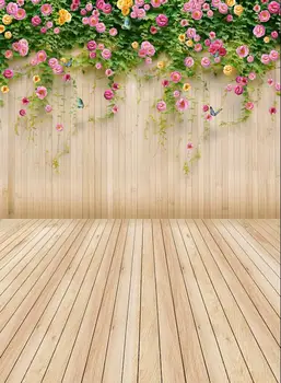 

VinylBDS Flower Vine Wood Photography Backdrops Flower Wood Floor Wedding Photo Backdrops for Photo Studio Photocall Wedding