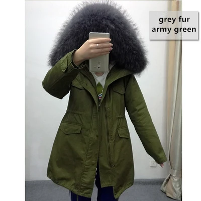 Высокое качество,, длинное пальто из натурального меха, зимняя куртка для женщин, парка с воротником из меха енота, Женская Стеганая куртка с капюшоном - Цвет: grey fur