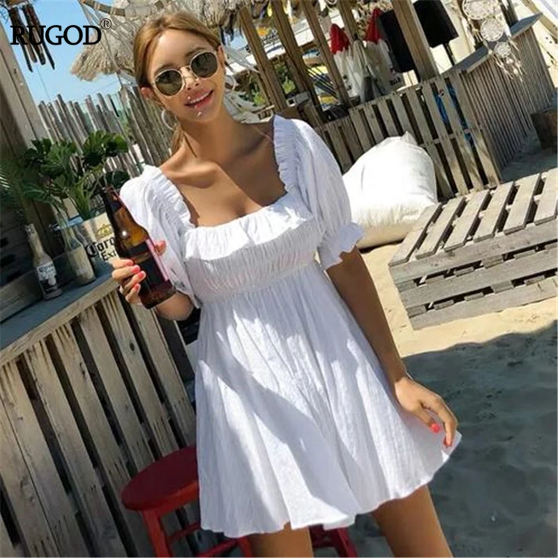 

RUGOD New Arrival Summer White Dress Women Fashion Square Collar Petal Sleeve Mini Dress Slim Tunic Pleated Dress Vestidos