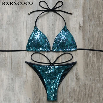 

RXRXCOCO Sexy Bikini 2018 New Sequin Design Swimwear Women Brazilian Two Pieces Bikini Solid Low Waist Bikinis Set Bathing Suits