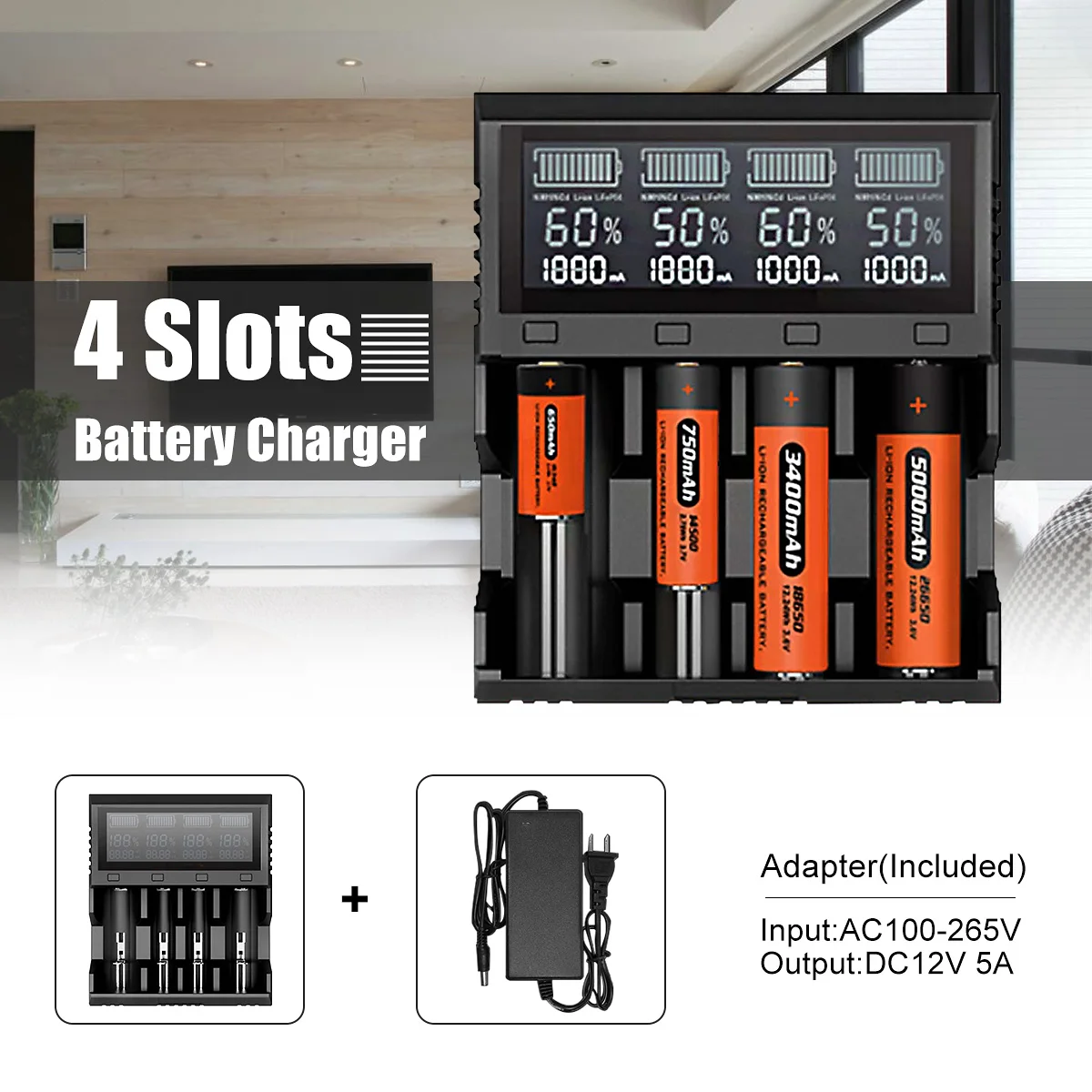 

4 Slots EU/US Plug LCD Digital Display Intelligent Smart Charger Lithium Li-ion Ni-MH Ni-Cd Universal Battery Quick Charger
