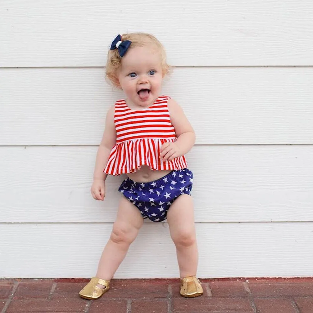 

Sleeveless Outfits Ruffle Newborn Toddler Baby Girls 4th Of July Striped Stars Tops Vest Shorts Outfit Set Vetement Enfant Fille