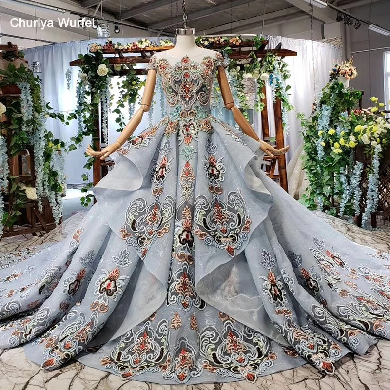 

HTL551 color beads evening long dress for special occasions o neck cap sleeve grey lace long evening gowns 2019 bestidos de gala