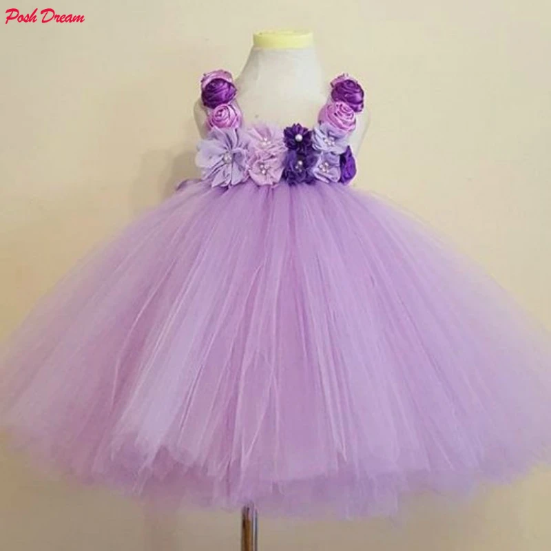POSH DREAM Lavender Flower Girl Tutu Dress Rose Chiffon Flower Kids Lavender Dress Wedding Bridesmaid Kids Clothes for Girls