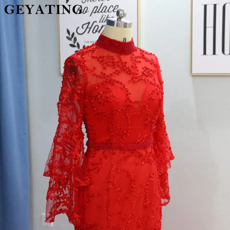 2019 Elegant Muslim Evening Dresses Long Sleeves High Neck Bead Arabic Red Lace Mermaid Prom Dress Dubai Women Formal Party Gown