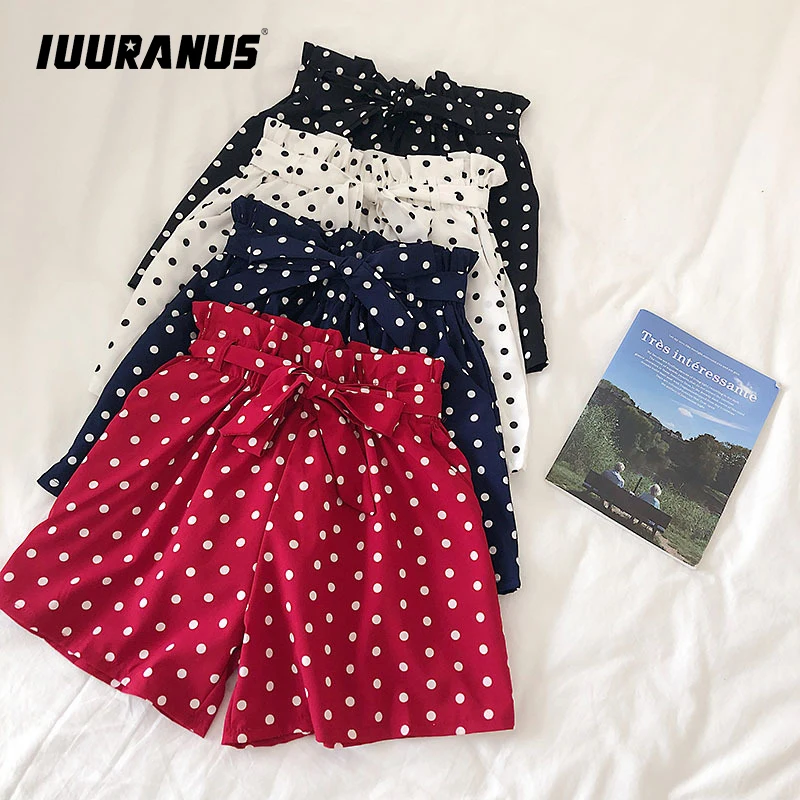 

IUURANUS Fashion Polka Dot Chiffon Shorts Women Korean Summer 2019 New High Waist Sweet Bow Tie Elasticated Wide-leg shorts