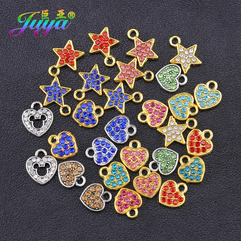 

Juya 10pcs Wholesale Color Cz Rhinestones Gold/Silver Birthstone Star Heart Charms Pendant For Women Kids Fashion Jewelry Making