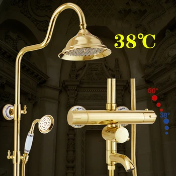 

Polished Gold Bathroom Thermostatic Shower Faucet Set In Wall Bath Shower Mixers with Hand Shower Tub Spout 8" Rainfall Head