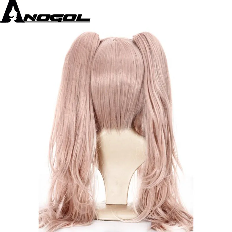 ANOGOL Anime Junko Enoshima Dangan Ronpa Light Pink Long Wavy  Synthetic Cosplay Wigs Ponytails Black White Bear Clips Costume