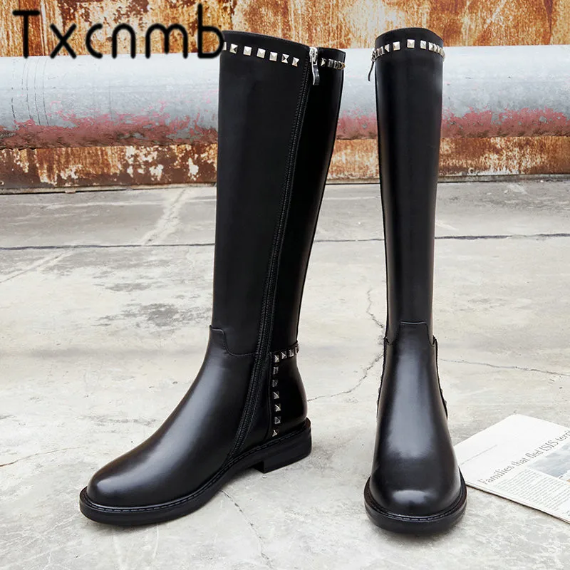 

TXCNMB SIZE 34-43 Hot 2019 Genuine Leather Boots Women Autumn Winter Boots Fashion Knee High Boots Ladies Shoes Woman