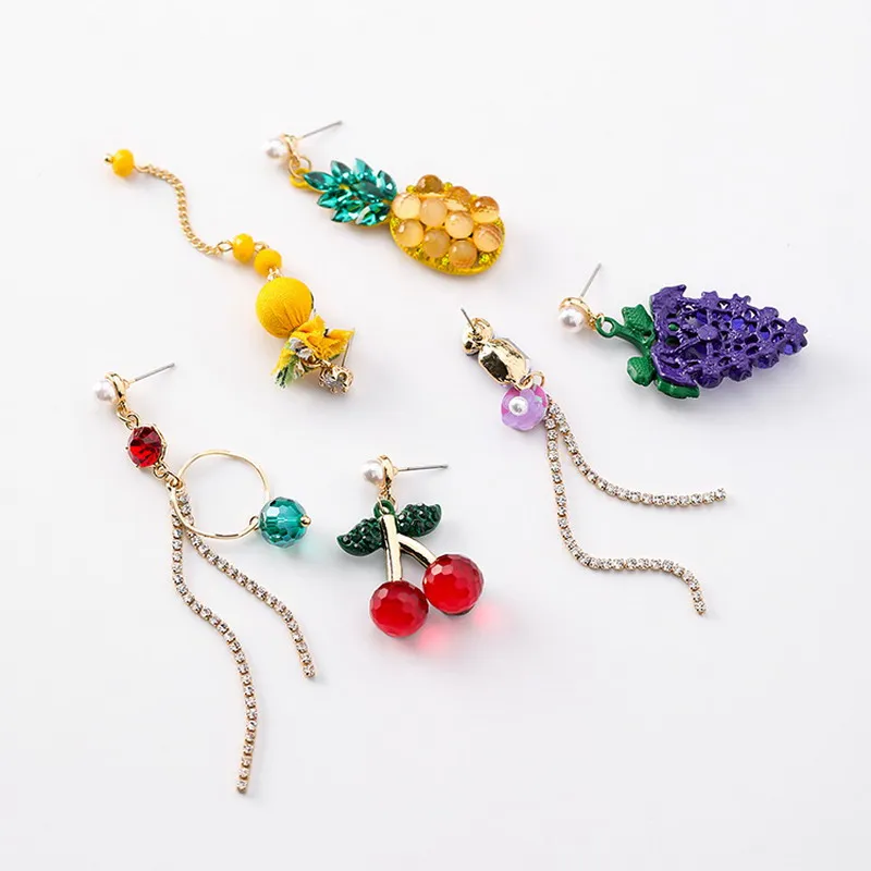 

2019 Korean Summer Fun Fruit Long Crystal Earrings Fashion Cherry Pineapple Grape Asymmetrical Stud Earrings For Women Girls
