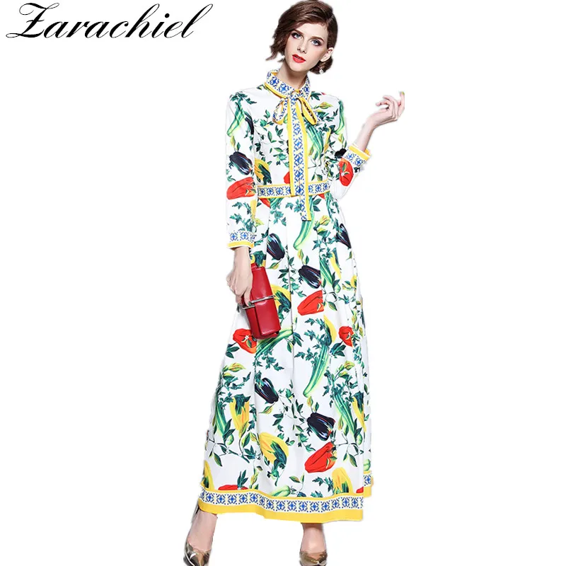 

High Quality New 2019 Gorgeous Designer Runway Dress Women's Long Sleeve Bow Collar Vegetables Printed Fit and Flare Long Dress
