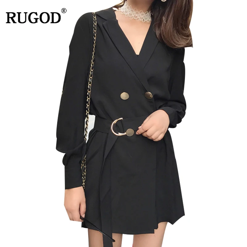

RUGOD 2018 Korean Style long sleeve Shirt Dress Women Gold Buckle Elegant Turn Down Collar Belt Dress Femme Causal Vestidos