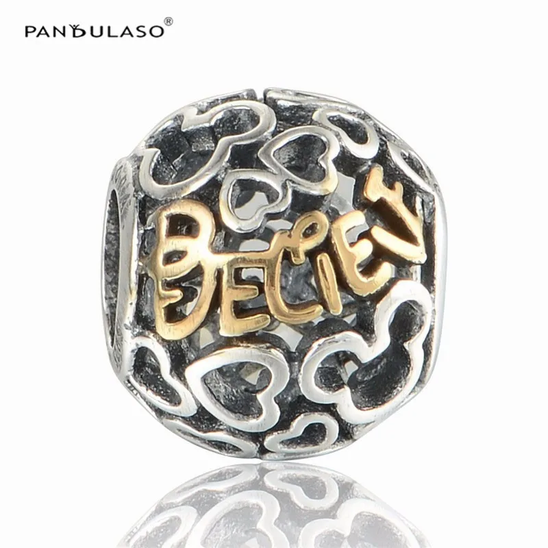 

925 Sterling Silver Jewelry Charms Bead Fits European Charm Bracelet & Choker Believe Letter Cutout Bead for Women DIY Jewelry