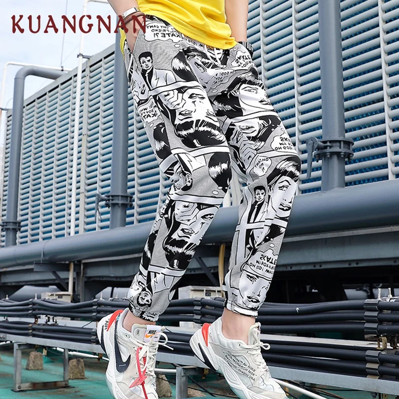 

KUANGNAN Hip Hop Print Ankle-Length Pants Men Trousers Streetwear Pants Men Fashions Sweatpants XXXL Trousers Men Pants 2019 New