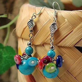 

Gorgeous Original Exquisite Handmade Tur quoise Beads Candy Colored Shell Pieces Carved Tibetan Silver Earrings Ethnic Jewelry