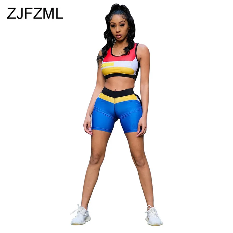 

Contrast Color Patchwork 2 Piece Sweat Suits Summer Clothes For Women O Neck Sleeveless Tank Top And Biker Shorts Matching Sets