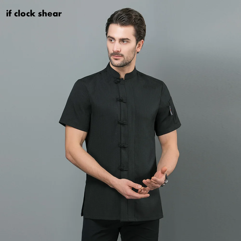 

Chinese-style Food Service Chef Jacket restaurant uniform black and white Short sleeved hotel Kitchen work clothes men new M-4XL