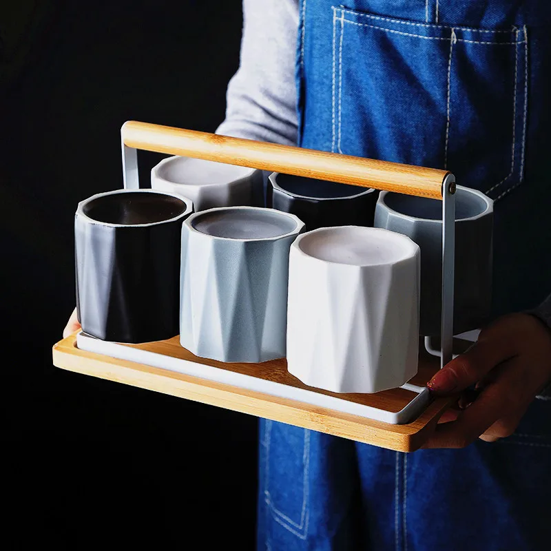 

6PCS Nordic Style Concise Ceramic Coffee Mug Set With Storage Rack 240ML Teacup Set Juice Water Beer Beverages Cup Tumbler