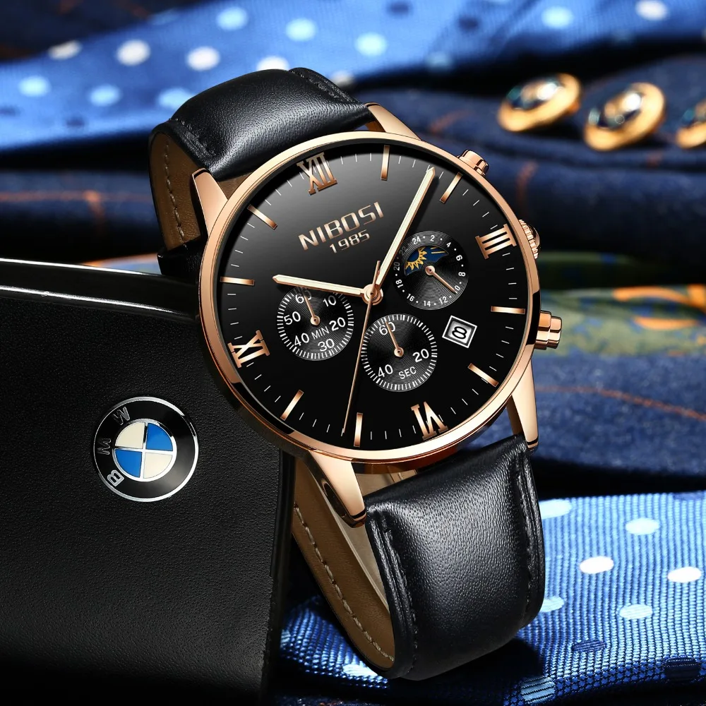 Montre Homme Marque De Luxe NIBOSI 2018 Men Watch Brand Luxury Leather Watch Men Waterproof With Moon Phase Blue Man Clock Saat  (14)