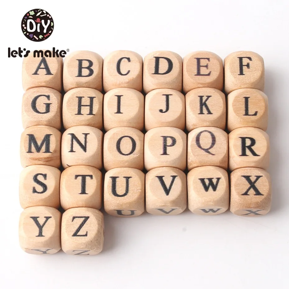 Let's Make Wooden Teether 50Pc Square Shape Beech Wood Letter Beads Diy Pacifier Chain Teether Babies Teething Bead Kid Toy