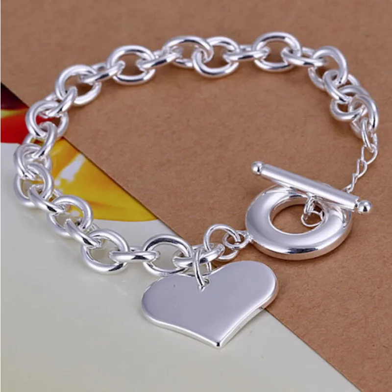 Trendy Heart Design Link Chain Bracelet 1PCS Women New Silver Plated