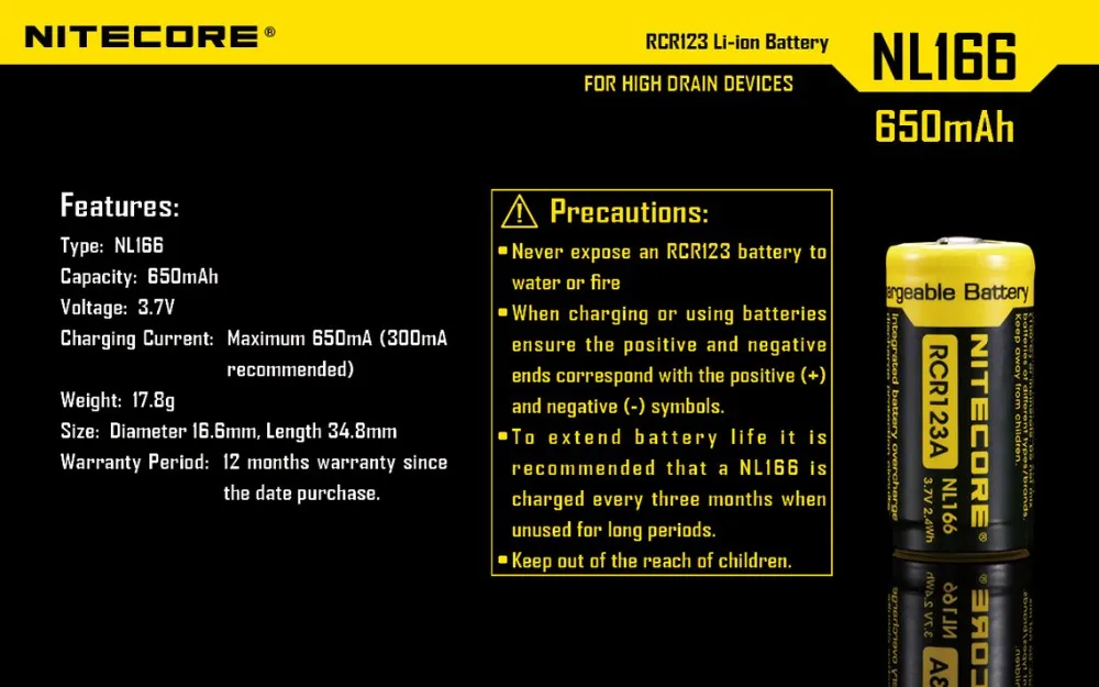 NITECORE NL166 650mAh 3,7 V 2.4Wh защищенный литиевый аккумулятор RCR123A 16340 18350 литий-ионный аккумулятор Дренажные устройства фонарик