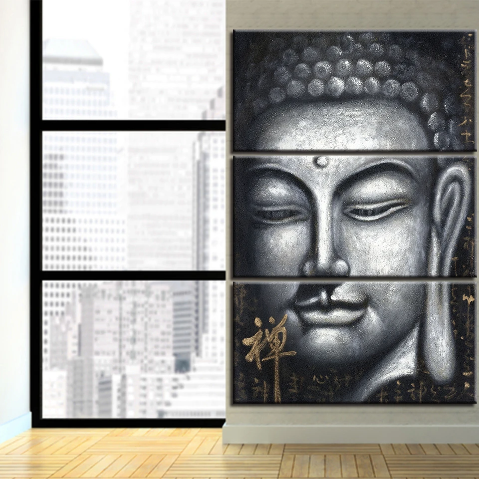Картины на холсте для гостиной, настенные художественные HD принты, 3 предмета, серый дзен, Постер с Буддой, буддийские абстрактные картины, украшение дома