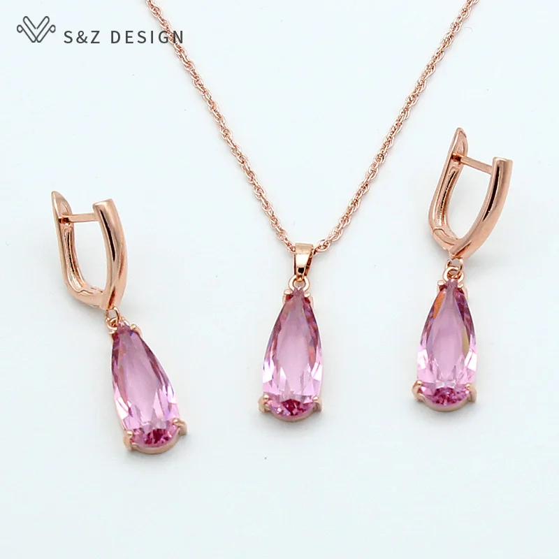 S&Z 6 Color Long Water Drop Dangle Zircon Earrings Jewelry Set 585 Rose Gold Color  For Women Korean Fine Wedding Party Jewelry