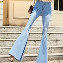 Модные длинные джинсовые брюки для женщин расклешенные брюки плюс размер 24-31 размер джинсовые синие стрейч джинсы с отверстиями