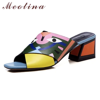 

Meotina Sheepskin Slippers Women Shoes Natural Genuine Leather Square High Heels Sandals Open Toe Shoes Lady Summer Plus Size 43