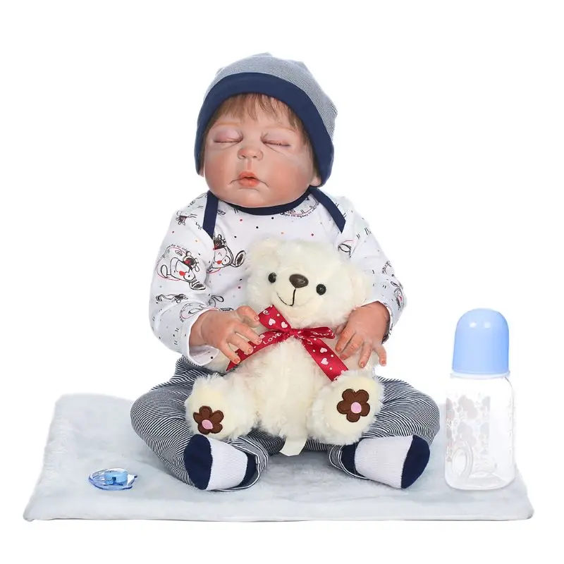 

22 Inch Sleeping Reborn Doll Realistic Soft Full Silicone Newborn Babies Toy Bear Clothes Pacifier Lifelike Handmade Gifts