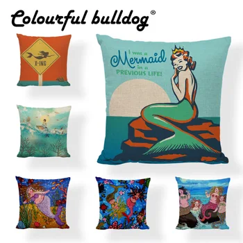 

Cute Mermaid Cushion Cover Fish Moon Coral Shell Ship Oil Painting Letter Square 45*45cm Seagull Conch Home Hotel Couch Decorate