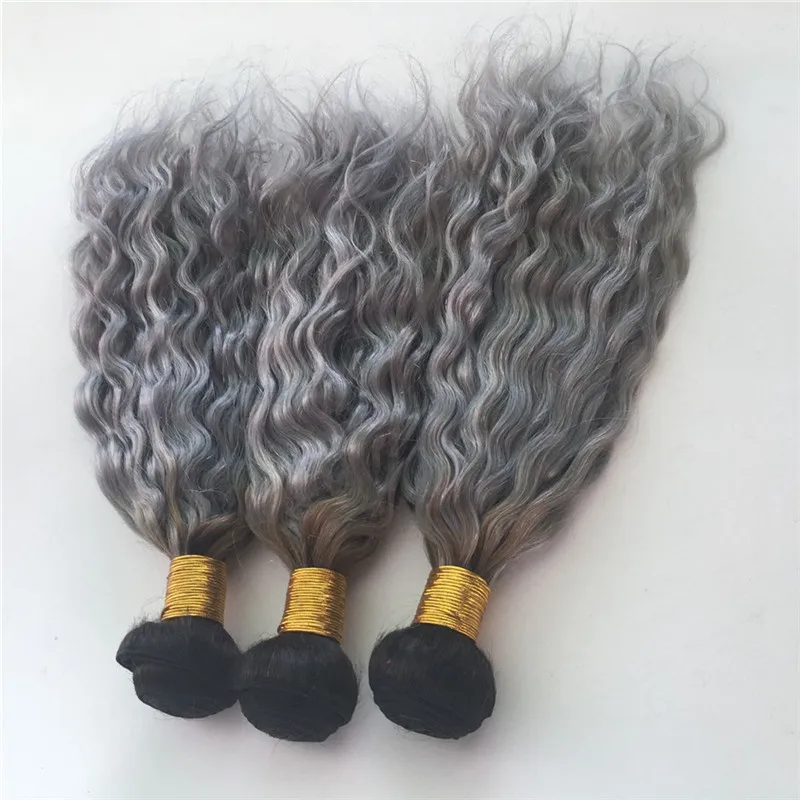 3pcslot Ombre Grey Human Hair Extension Natural Wave Curly Dark Root Silver Grey Hair Bundles Free Shipping (2)