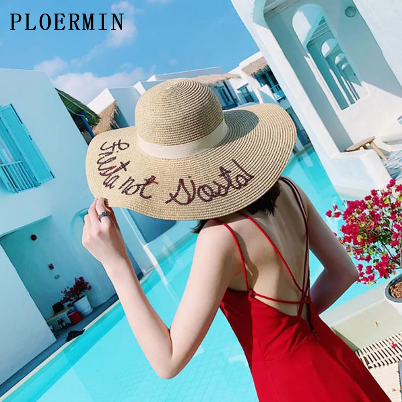 PLOERMIN الكبار الأزياء قبعة صيفية من القش في الهواء الطلق واسعة حافة السفر كاب مطرزة إلكتروني التطريز الشمس شاطئ كاب للطي قبعات للحماية من الشم...
