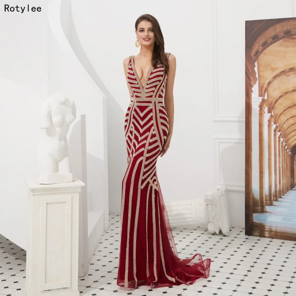

Burgundy Evening Party Dresses with Heavy Crystal V-Neck Mermaid Prom Dresses 2019 Sweep Train Women Evening Gown Fancy dresses